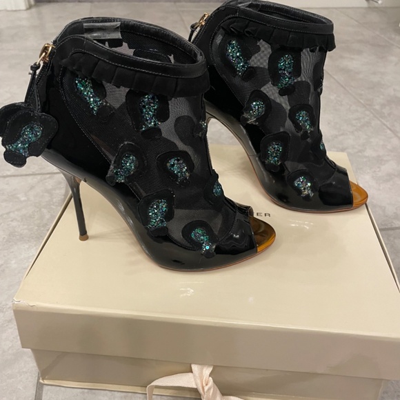 SOPHIA WEBSTER Felice Embellished Mesh Black Patent-Leather Ankle Boot S… - Picture 12 of 12